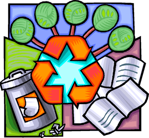 Recycling graphic showing paper, trees and trash can