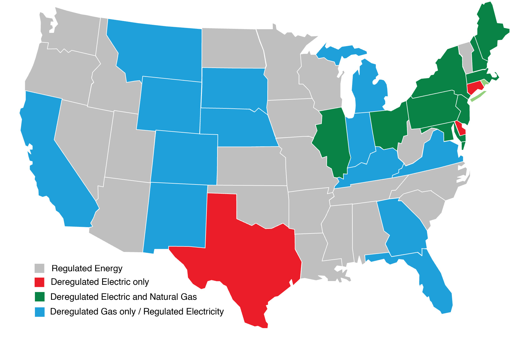 Map illustrating states that are regualted and unregualted electricity and natural gas.